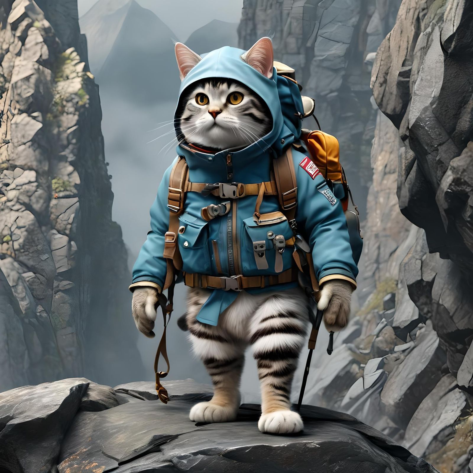 American Shorthair Cat Climbing a Mountain in 8k