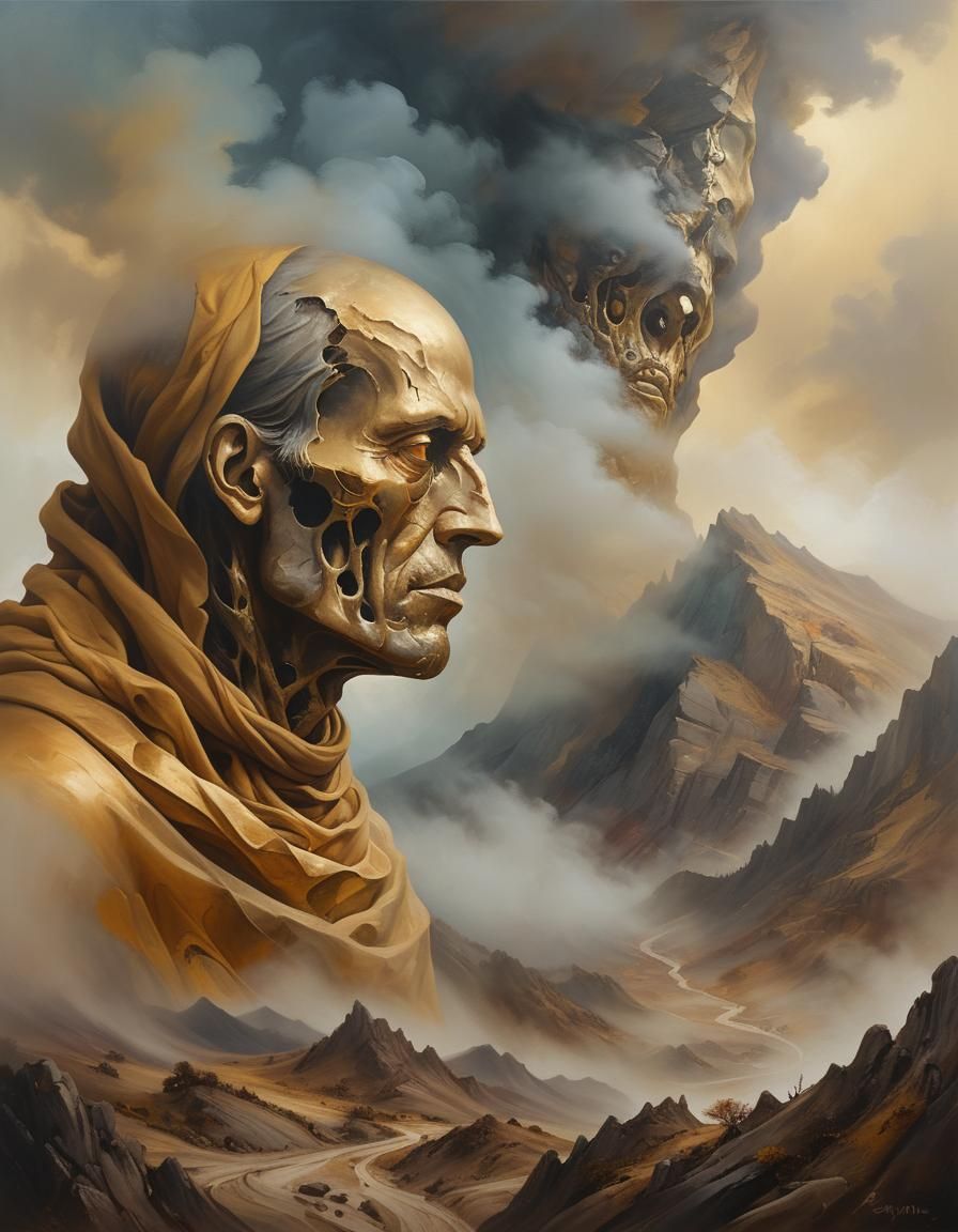 Mountainside Man Face in Dreamlike Oil Painting