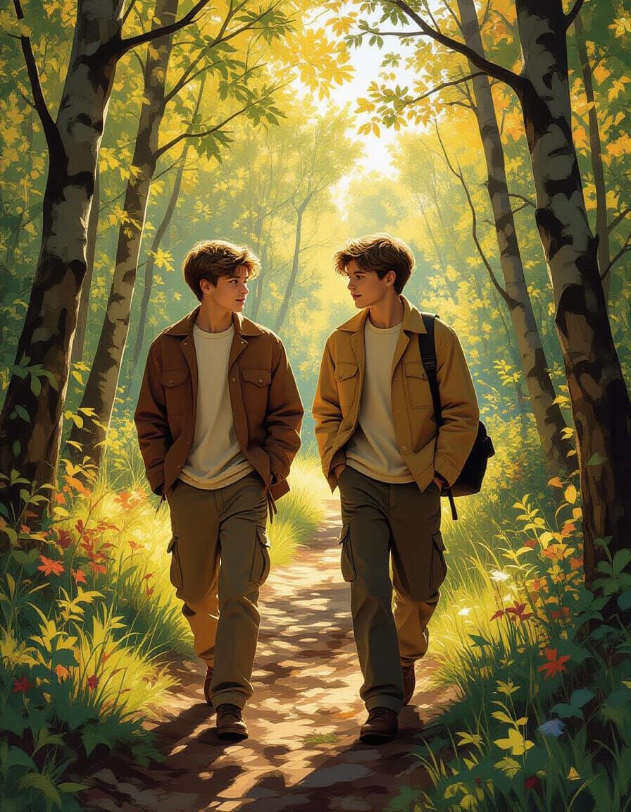 Forest Walk: Boys in Sunlight, Expressive Art Style