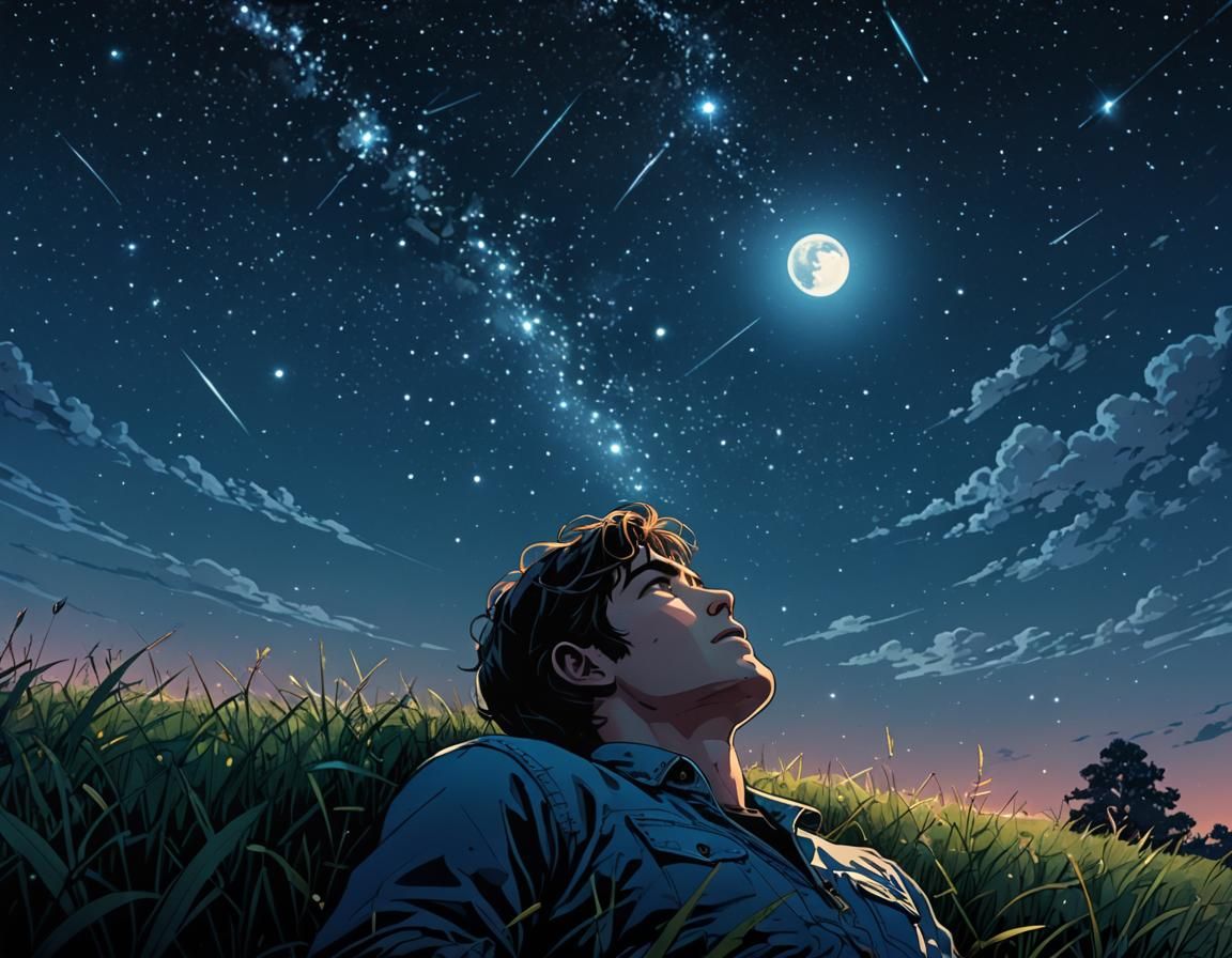 Night Sky Stargazing in 1980s Anime Style