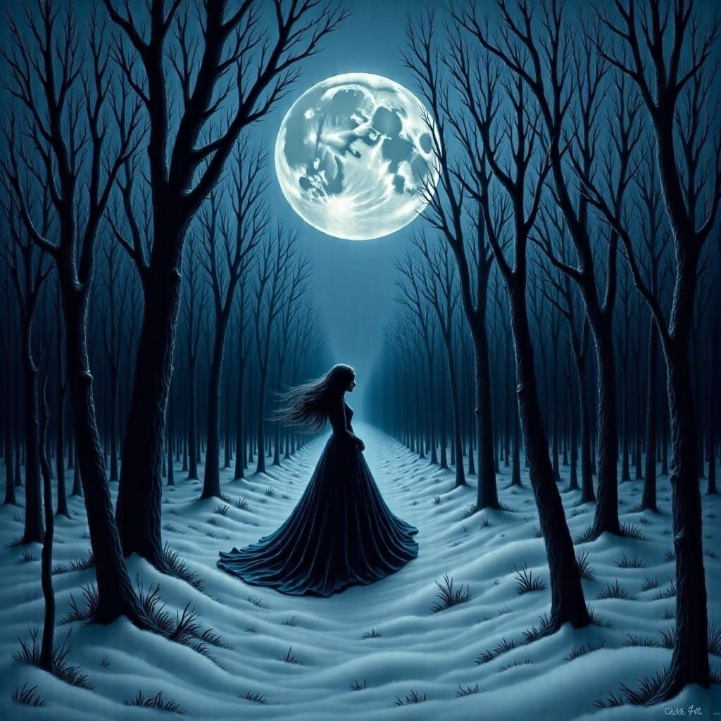 Ethereal Woman Strolls Through Dark Winter Woodland in a Moo...