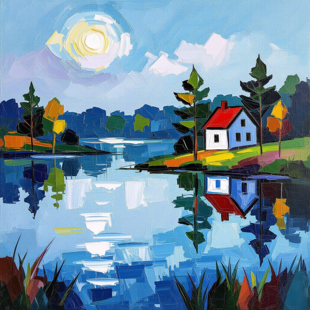 Neo-Impressionist Oil Painting Of A New England Pond