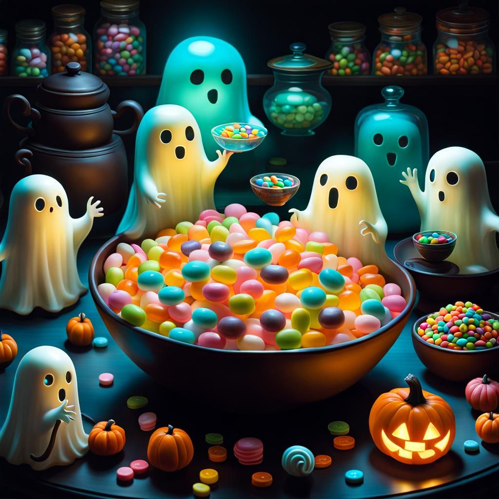 Kawaii Ghosts Float Over Candy Bowls for Halloween