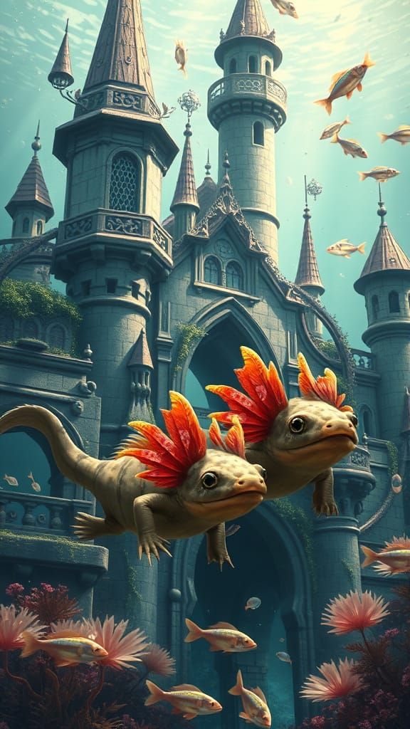 Whimsical Axolotl Explore Enchanted Underwater Castle