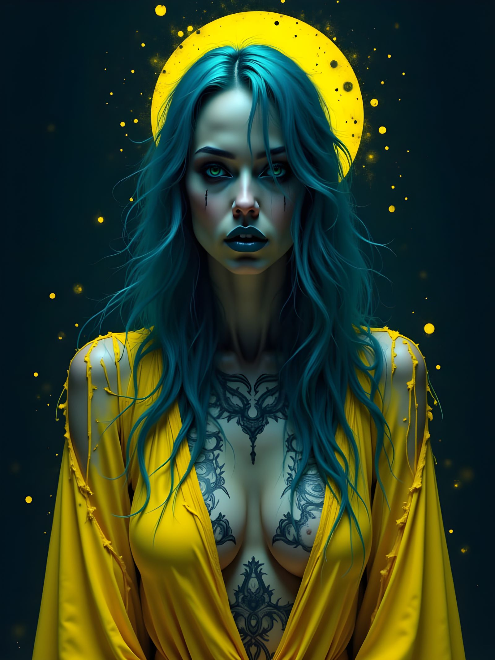 Mysterious Sorceress with Dragon Tattoos in Ink Wash