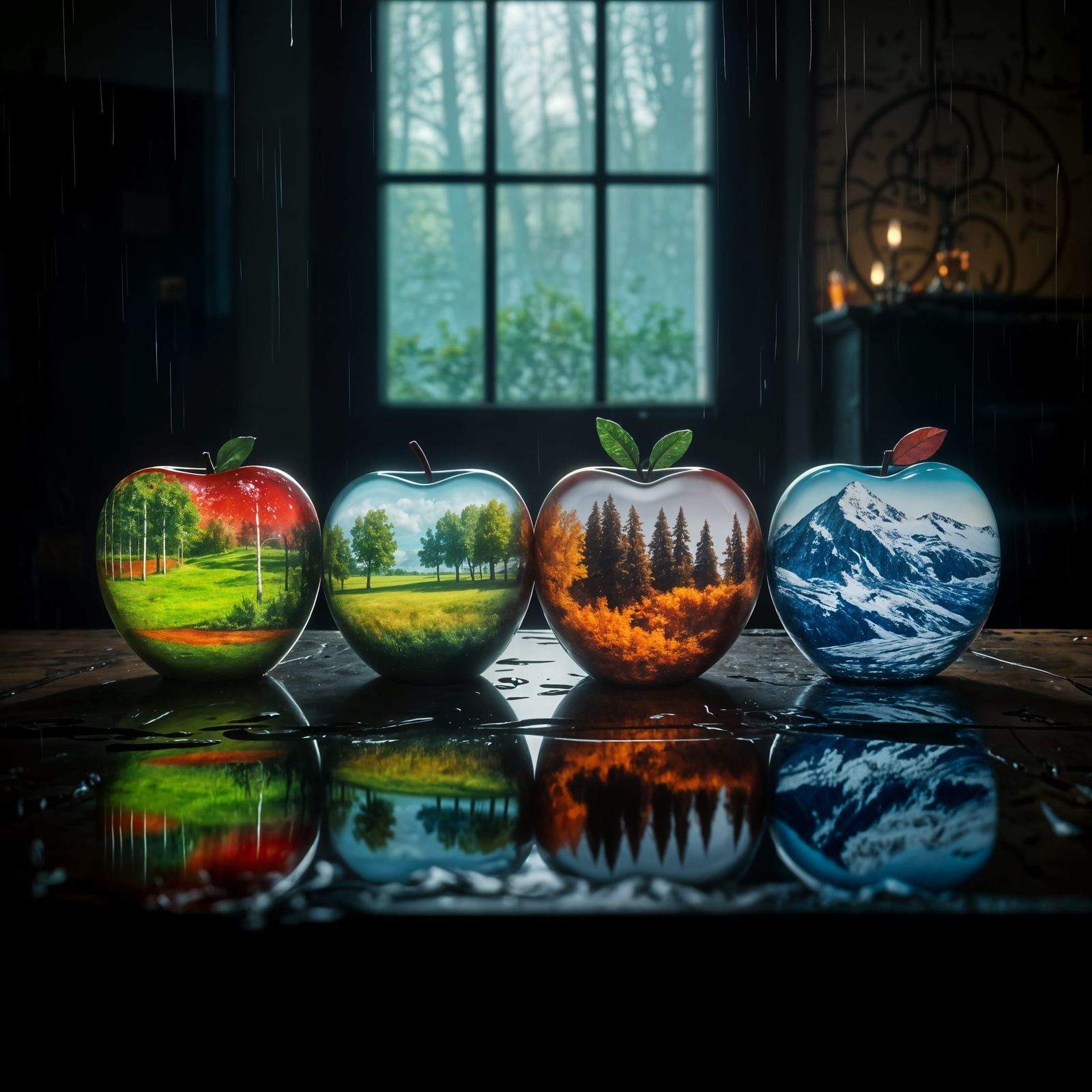 Four Seasons Reflected in Glass Apples