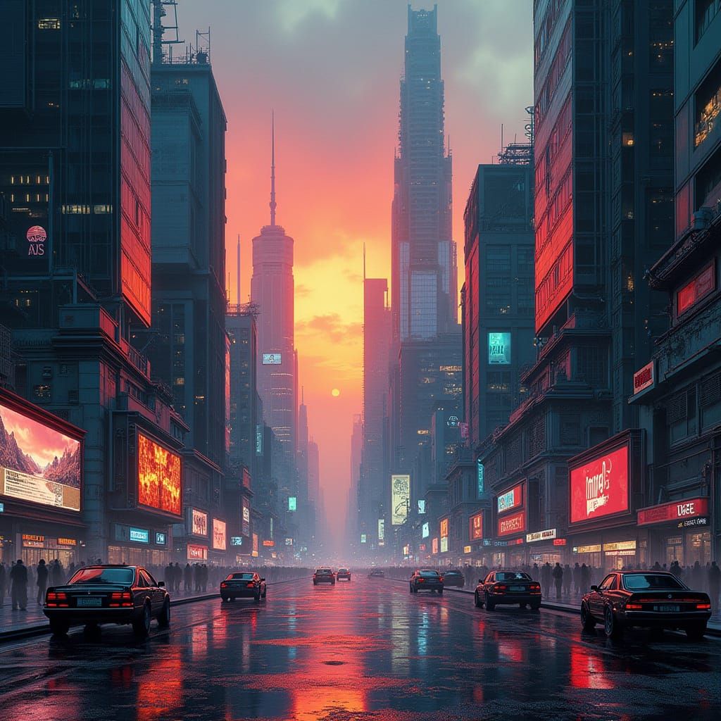 Dystopian Metropolis in Neon VHS Haze