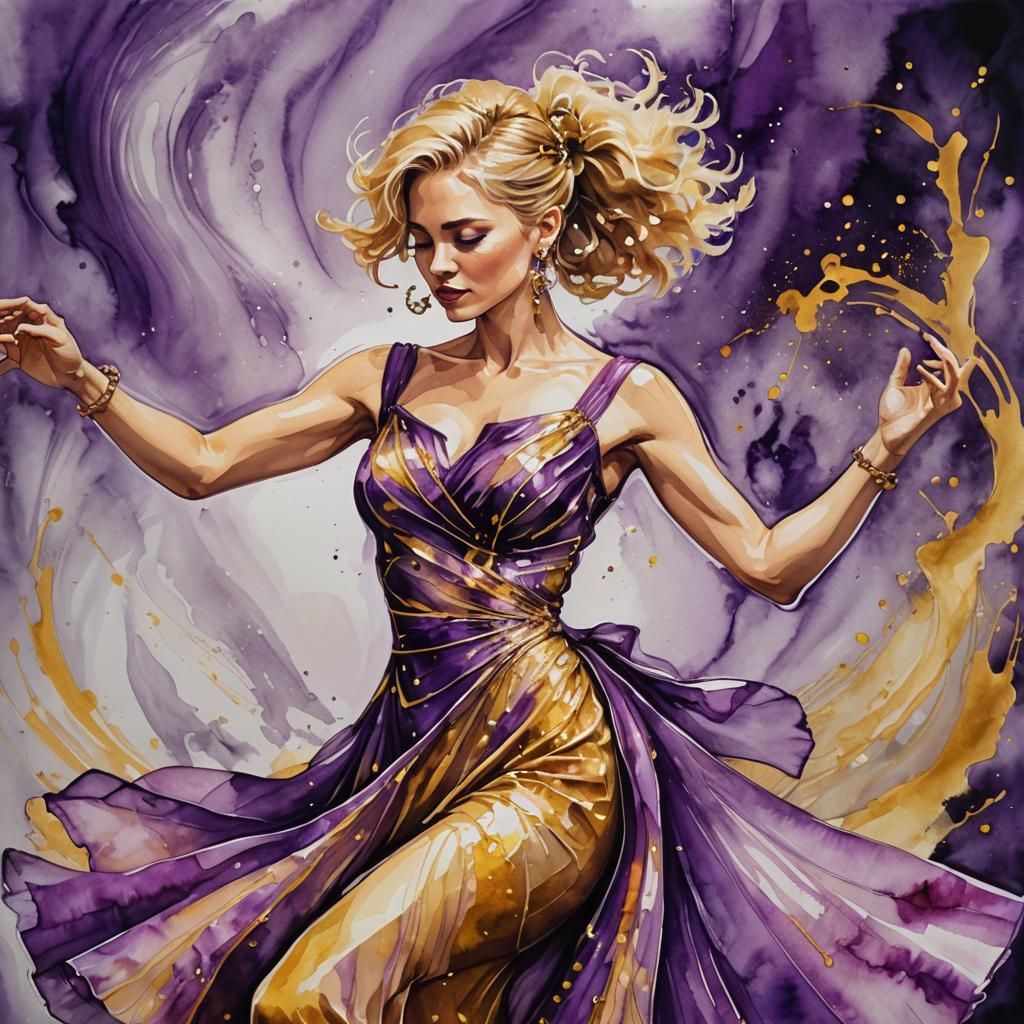 Woman Dancing with Unicorn in Neon Alcohol Ink