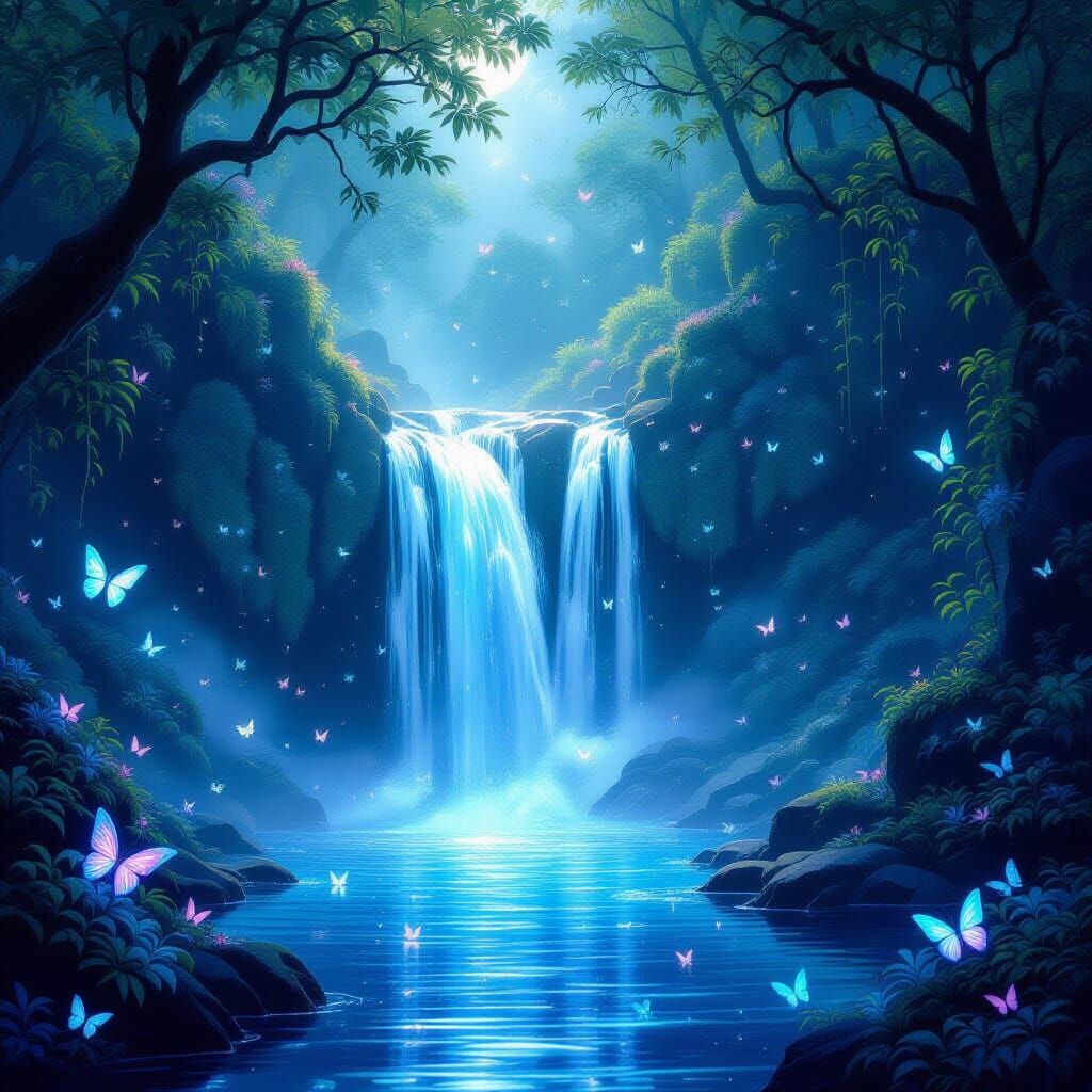 Magical Waterfall in Liquid Moonlight Glade
