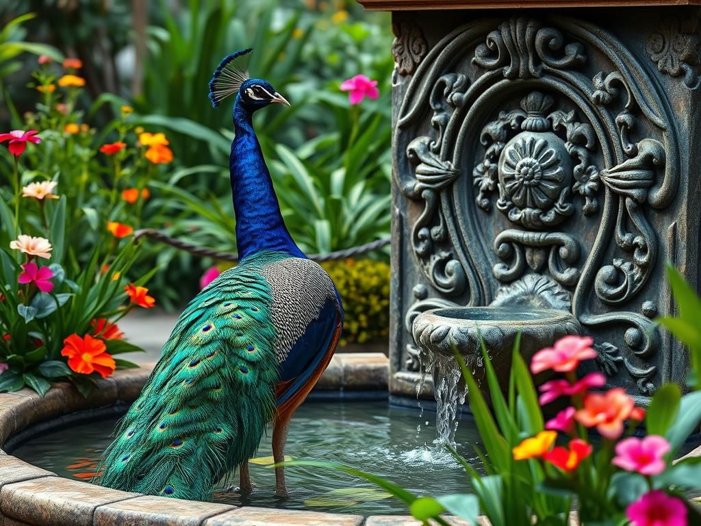 Peacock at Stone Fountain in Hyperrealistic Garden