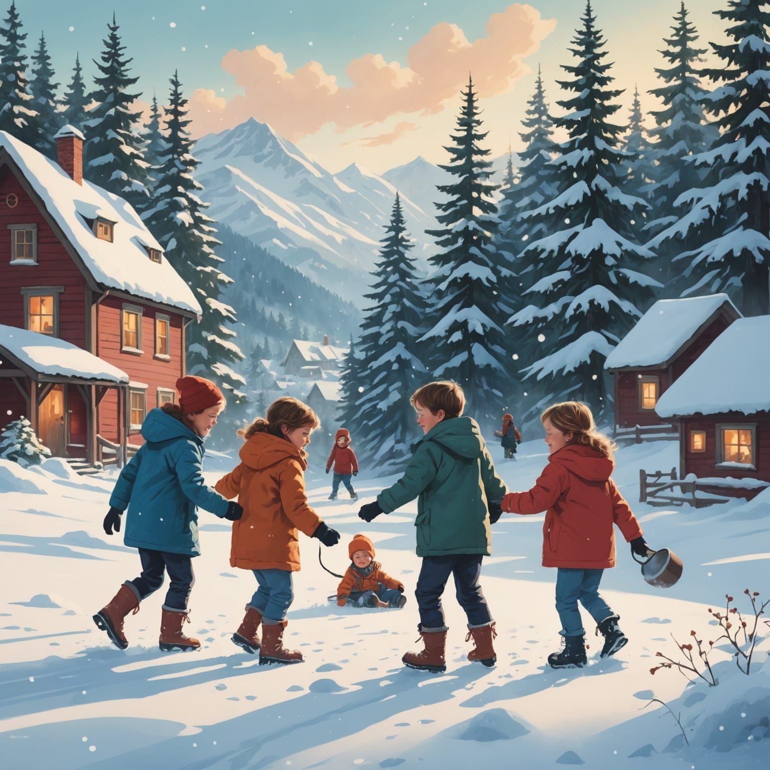 Dreamy Children Playing in the Snow Illustration