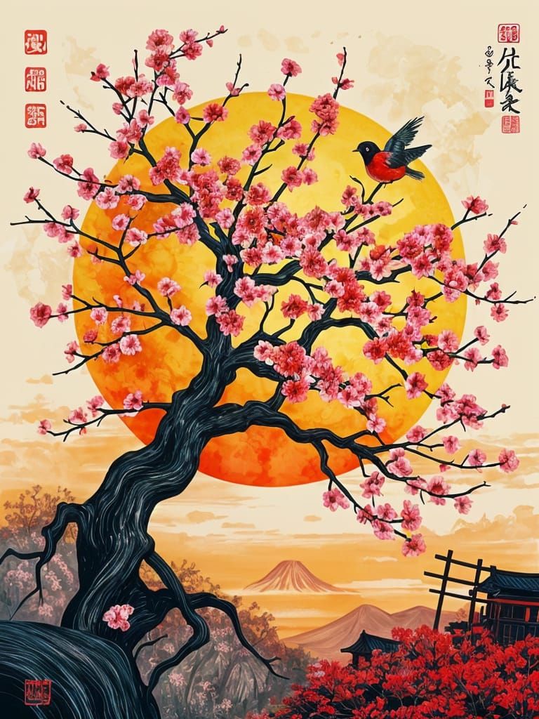Blossom Tree Sunset Bird in Abstract Japanese Style