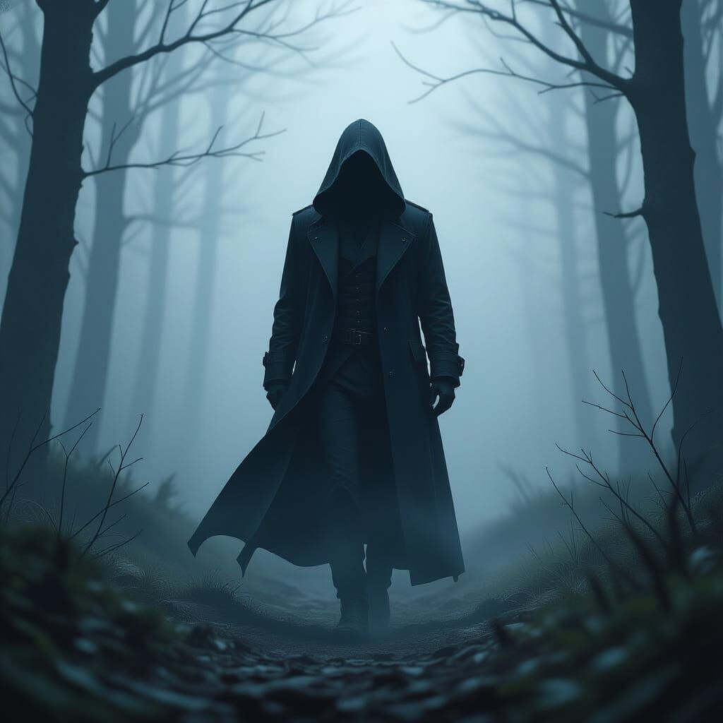 Mysterious Figure in Foggy Forest