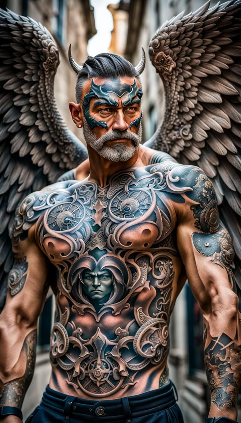 France Theme Angel and Demon Tattoo Close-Up