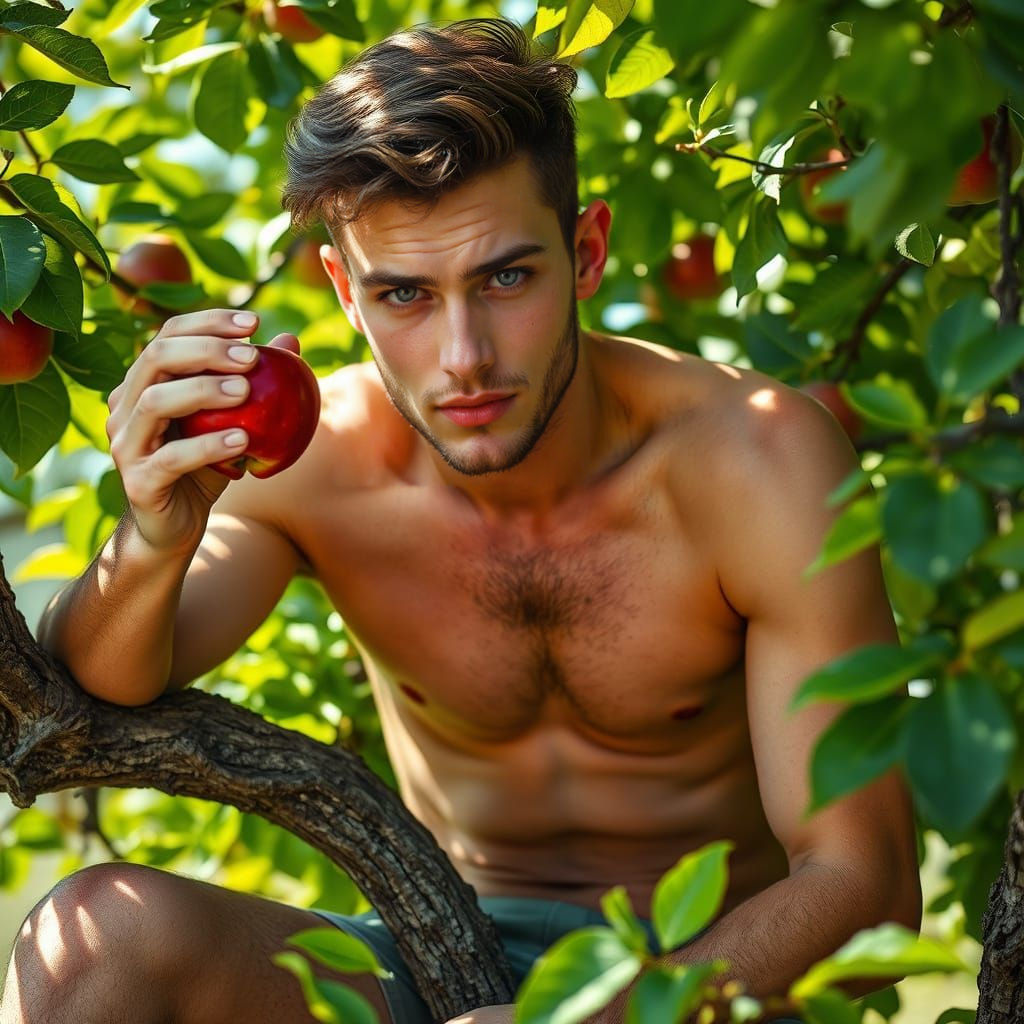 Handsome Young Man Holding Apple Under Apple Tree