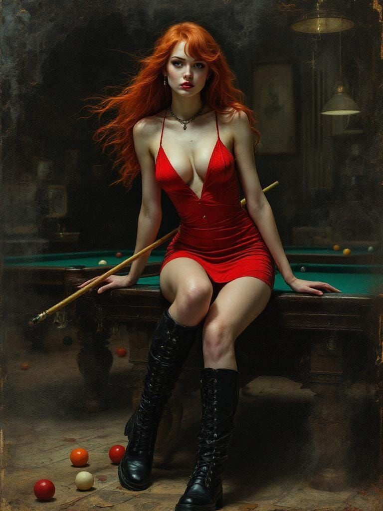 Victorian Gothic Woman in Red Dress in Pool Hall