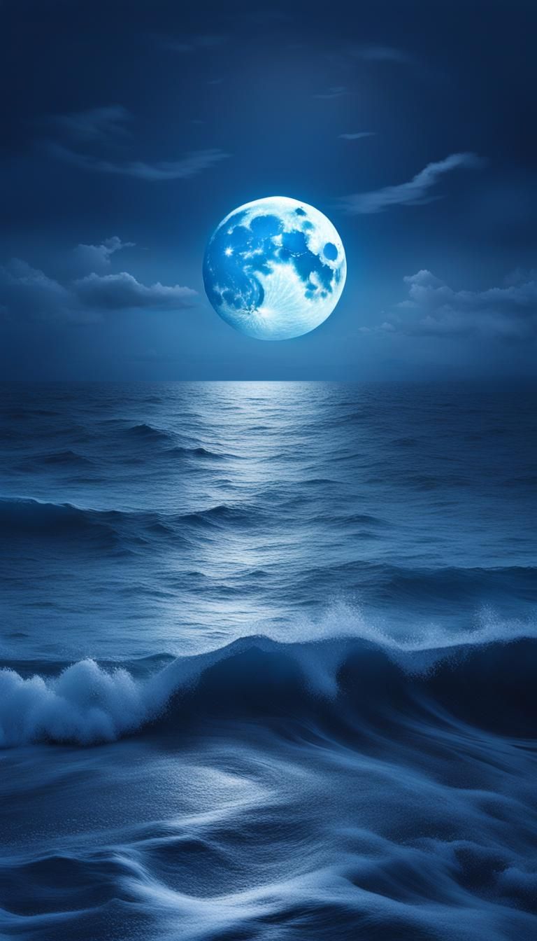 Dramatic Full Moon Over Ocean in Romantic Style