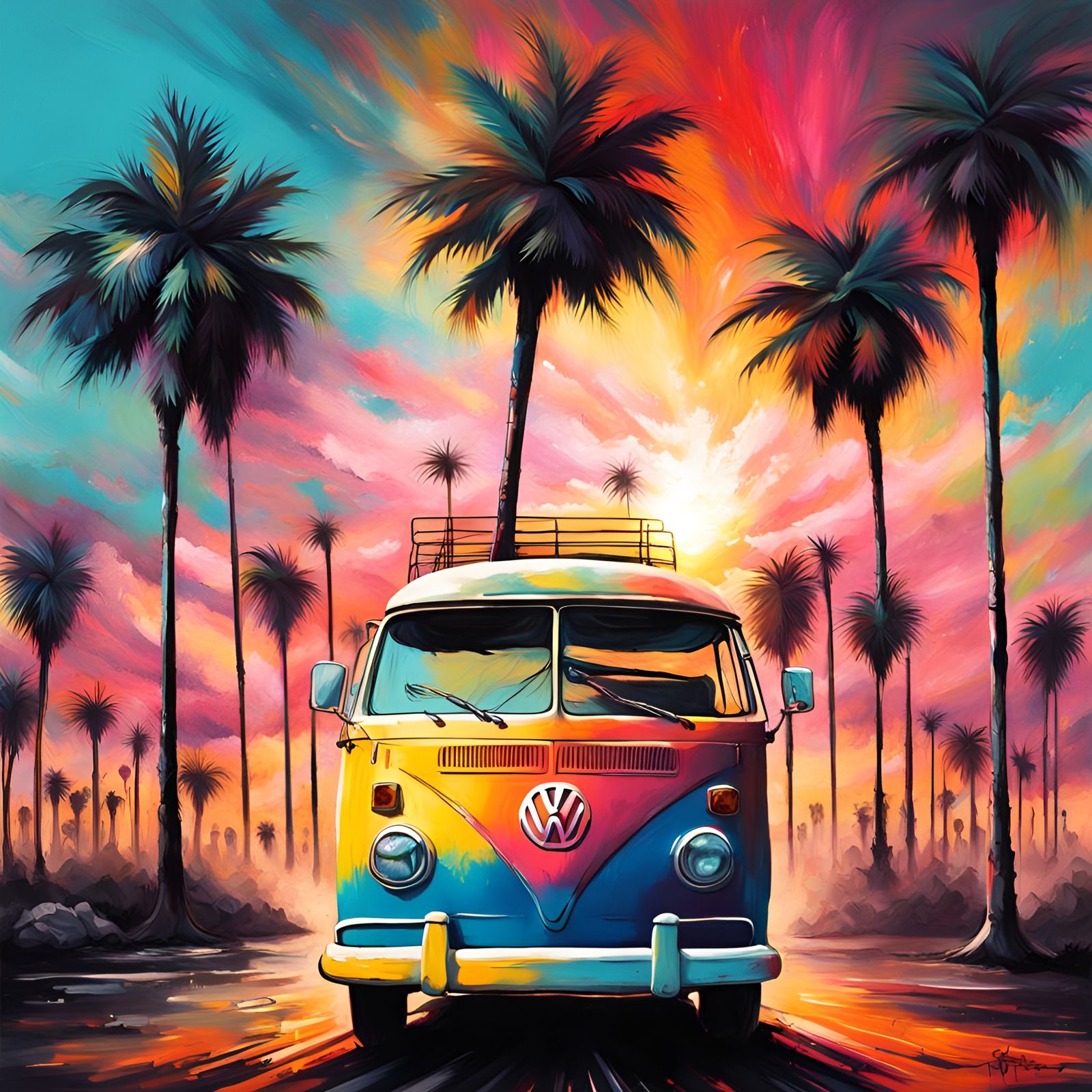 Volkswagen Bus Sunset in Graffiti Art Style