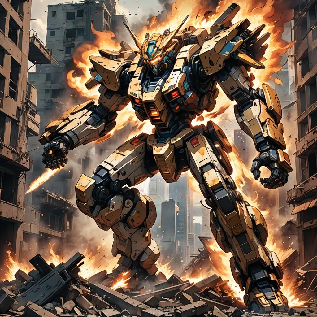 Anime Mecha Battle in a Ruined Cityscape