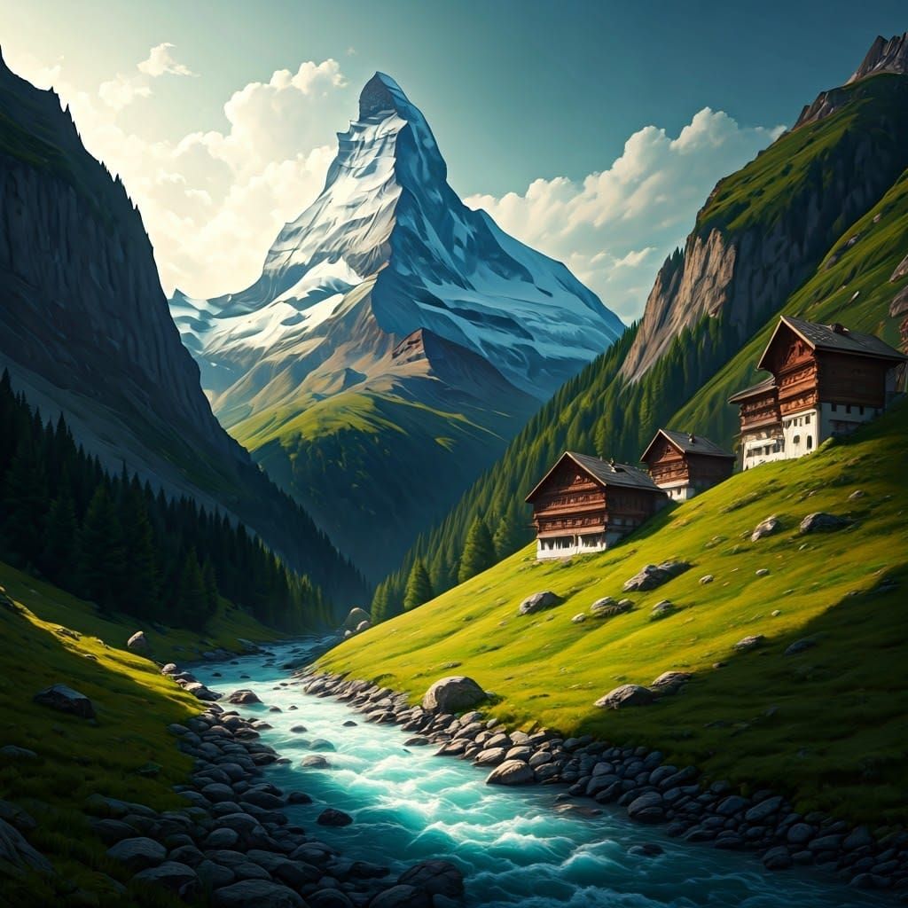 Swiss Mountain River at Dawn, Detailed Matte Painting