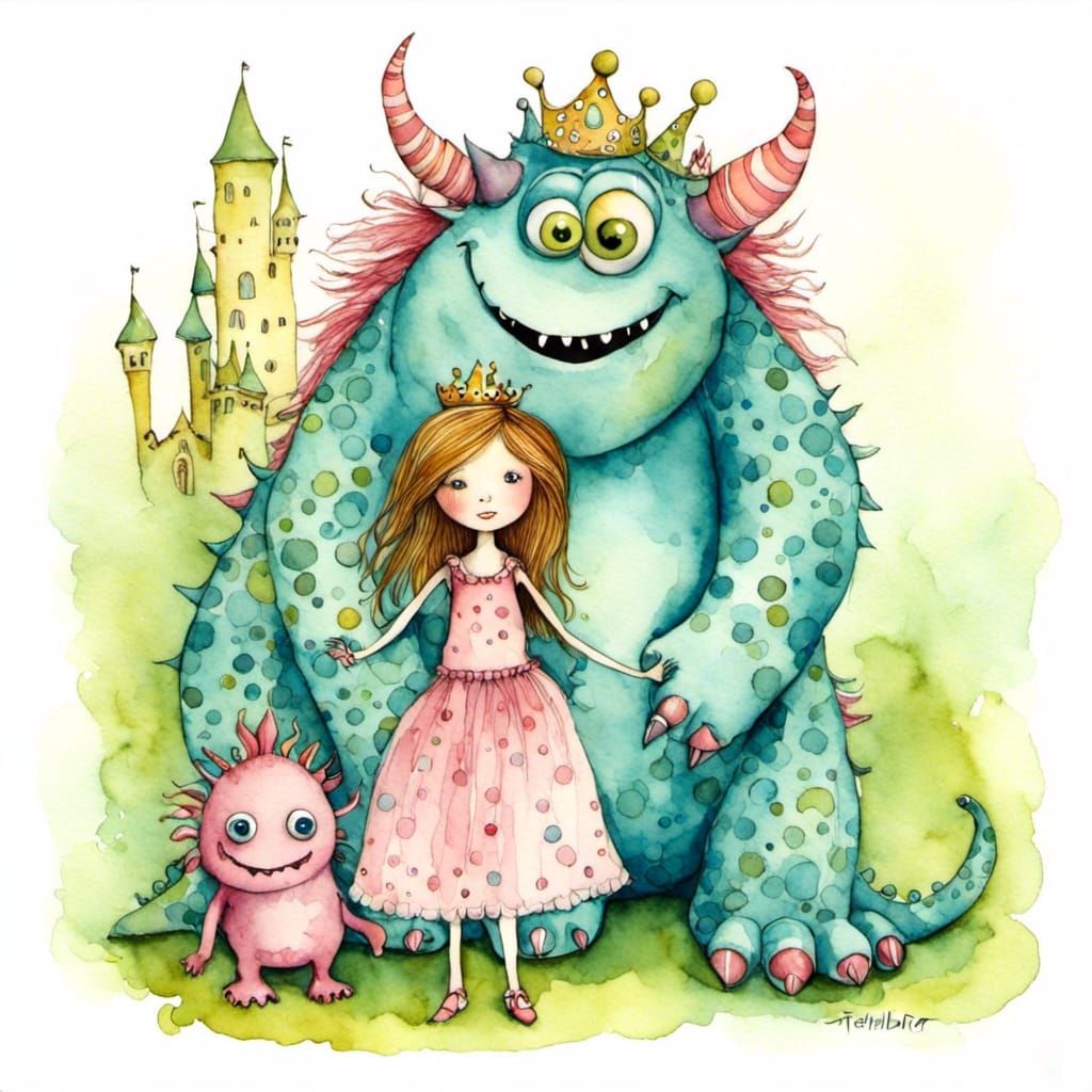 Sassy Princess and Monster Friend in Picture-Book Style