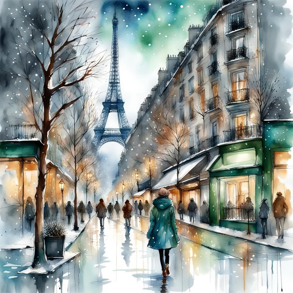 Winter in Paris: Detailed Watercolor Illustration