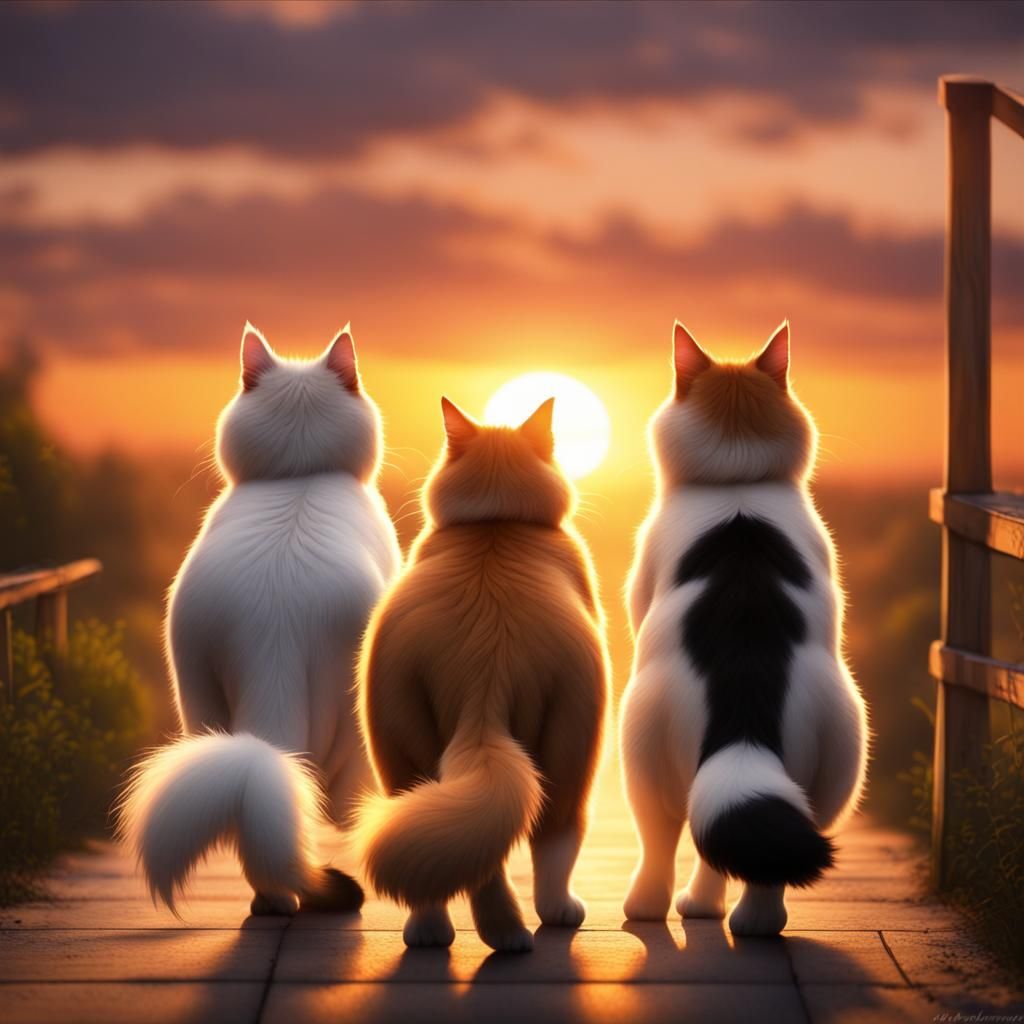 Cats Walking Toward Sunset, Tails Up