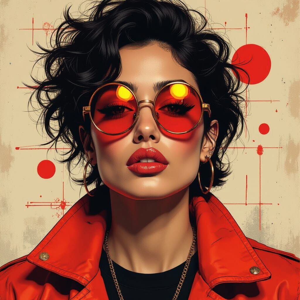 Expressive Mixed-Media Portrait with Red Sunglasses