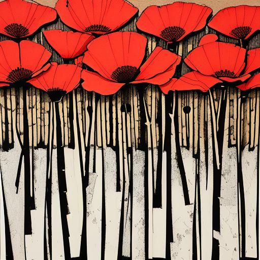 Poppy and Birch Wood Woodblock Print in Folk Art Style