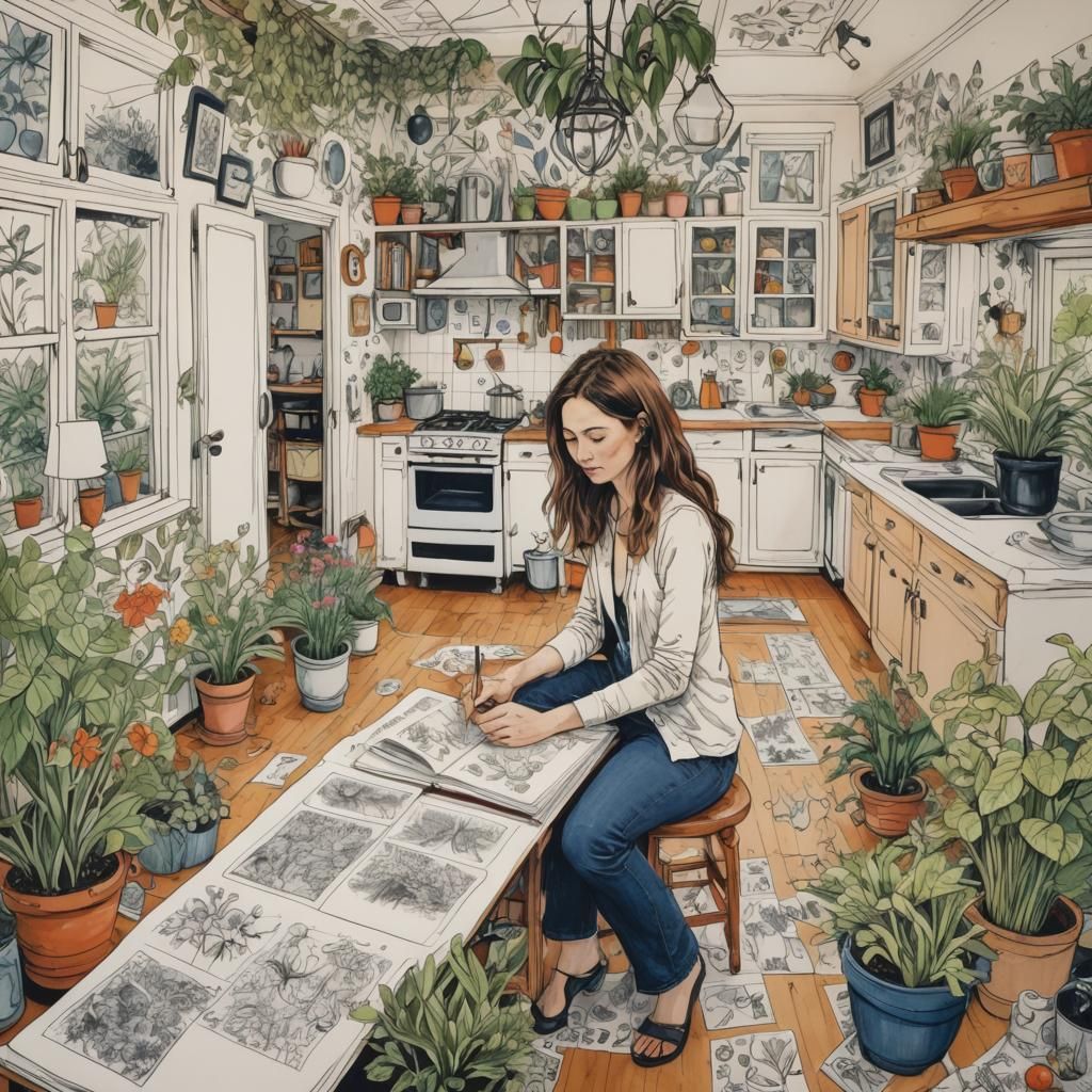 Whimsical Ink Sketch of Woman in House