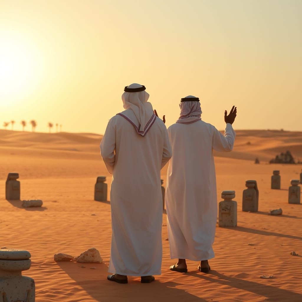 Men Worship Ancient Idols in Desert Landscape