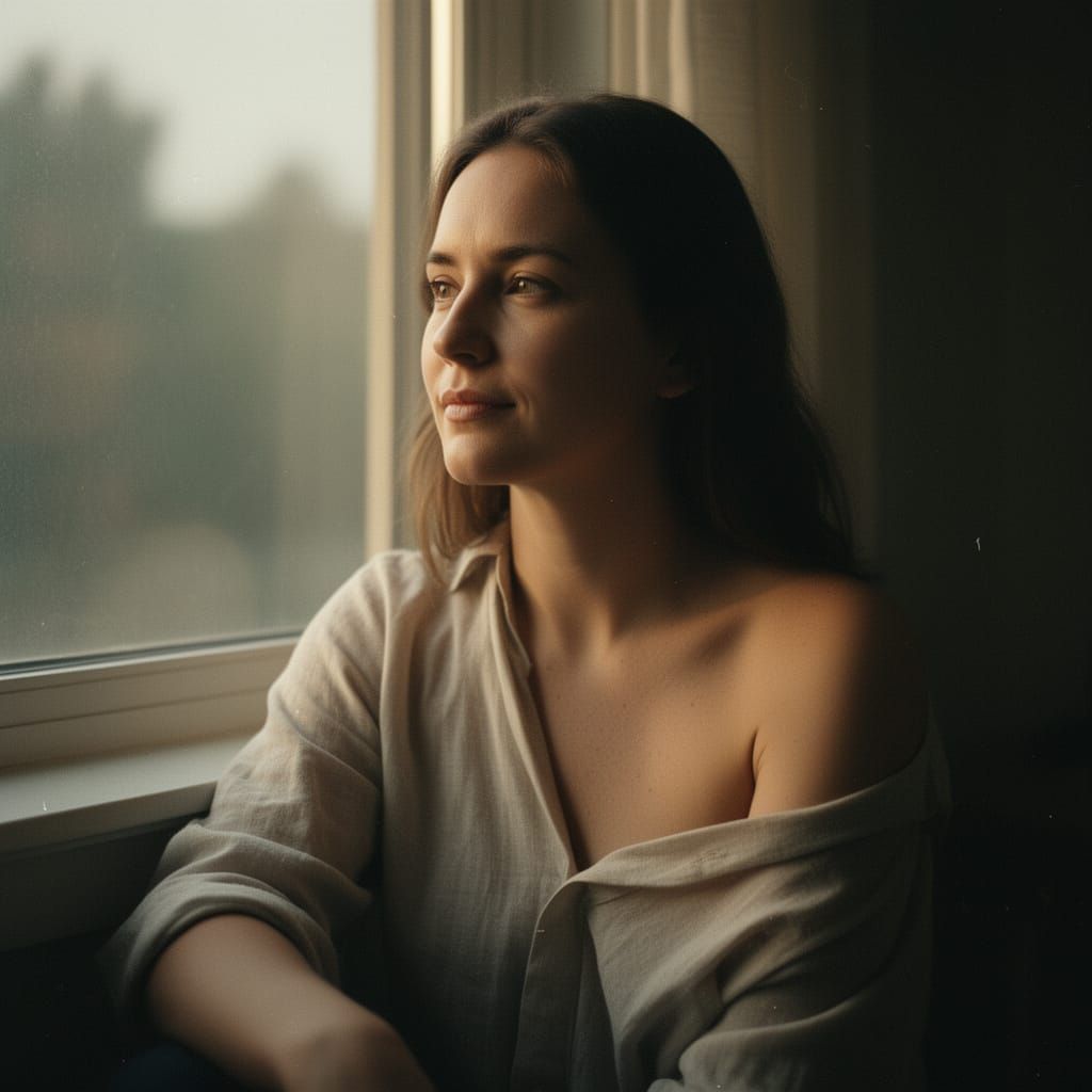 Woman by Window in Soft Morning Light, Cinematic Still