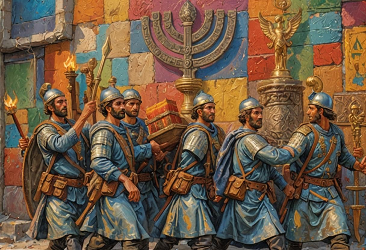 Hyperrealistic Soldiers Carrying Menorahs in Dramatic Lighti...