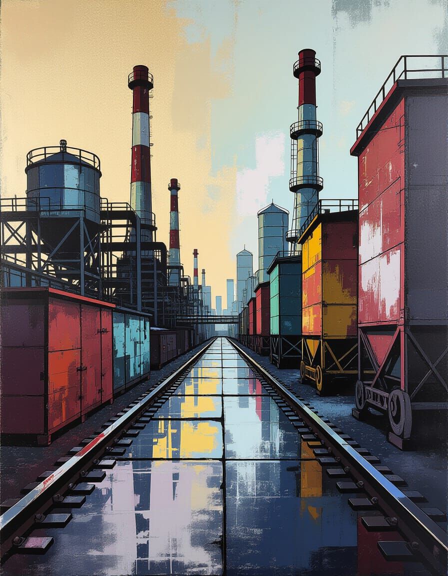 Industrial Corridor with Metallic Accents and Pastel Washes