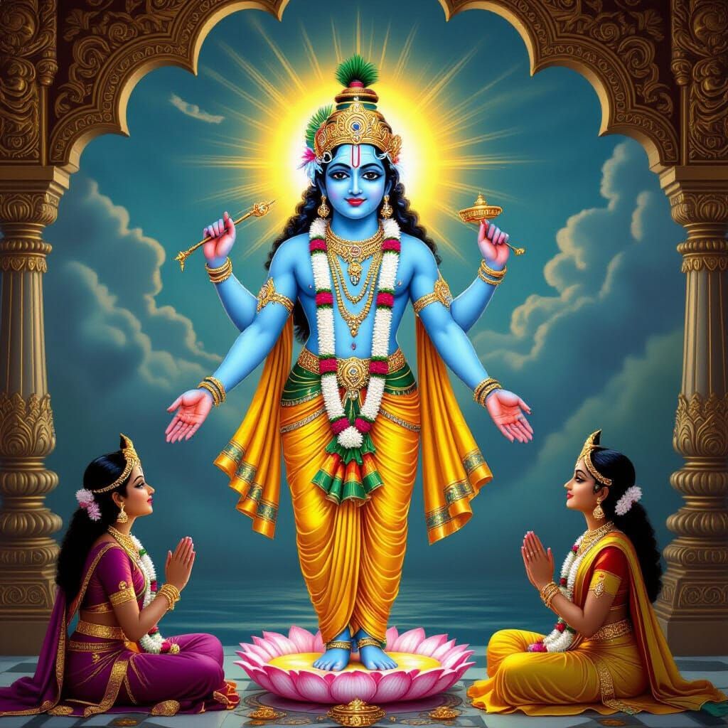 Lord Krishna with Golden Crown in Watercolor Style