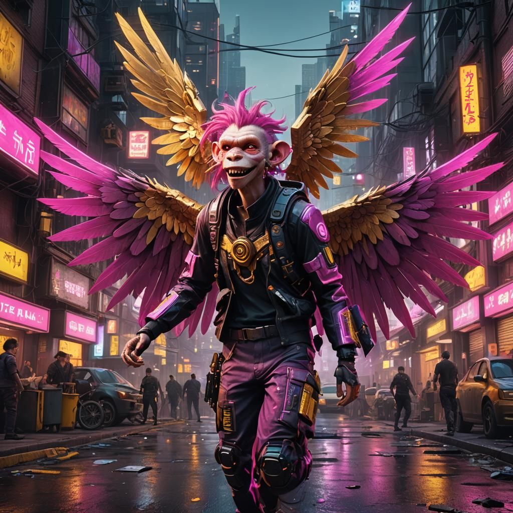 Laughing Winged Monkey Mechanic in Cyberpunk City