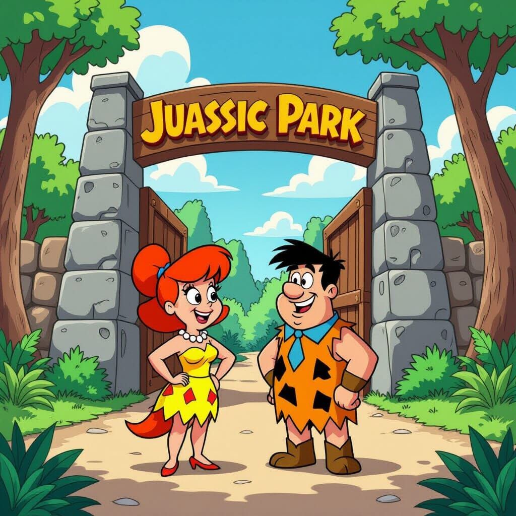 The Flintstones Visit Jurassic Park in Cartoon Style