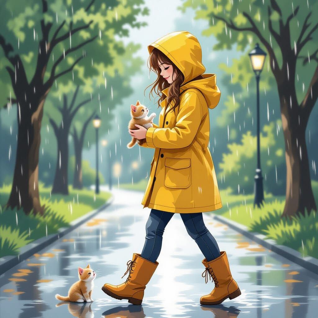 Woman Rescues Kitten in Rainy Park, Anime Illustration