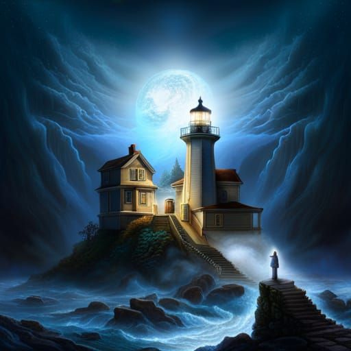 Eldritch Lighthouse in Deep Fog with Magical Lights