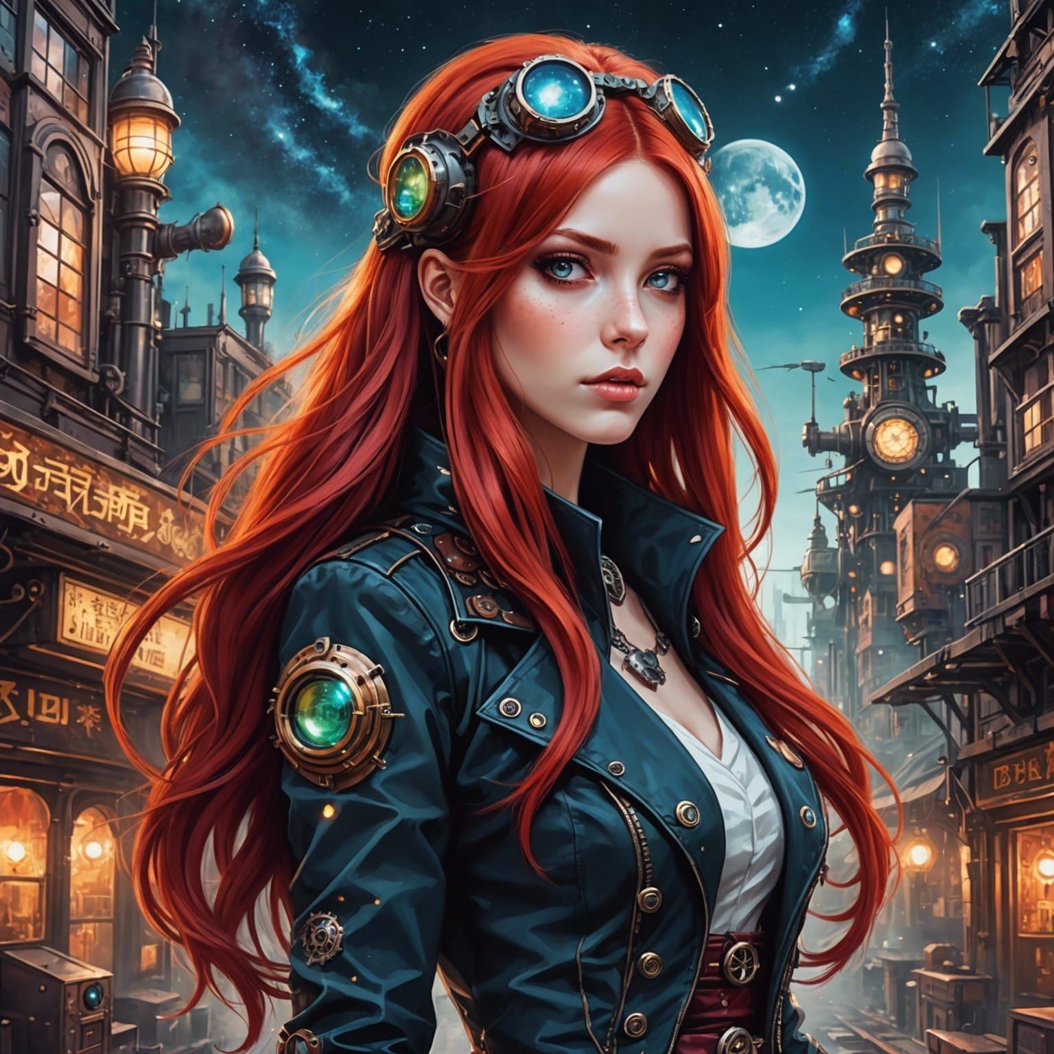 Cosmic Punk Galaxy Goddess with Red Hair and Steampunk City