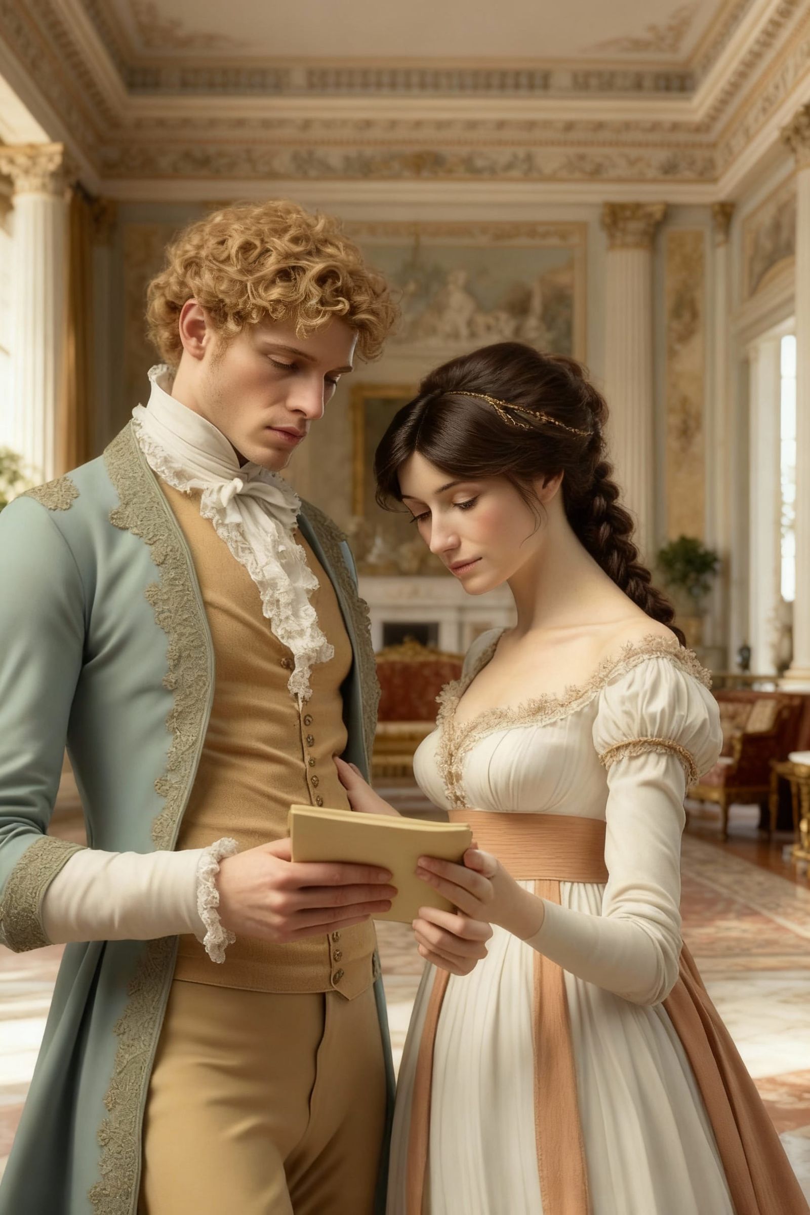 Regency Era Man and Girl Examine Document in Period Costume