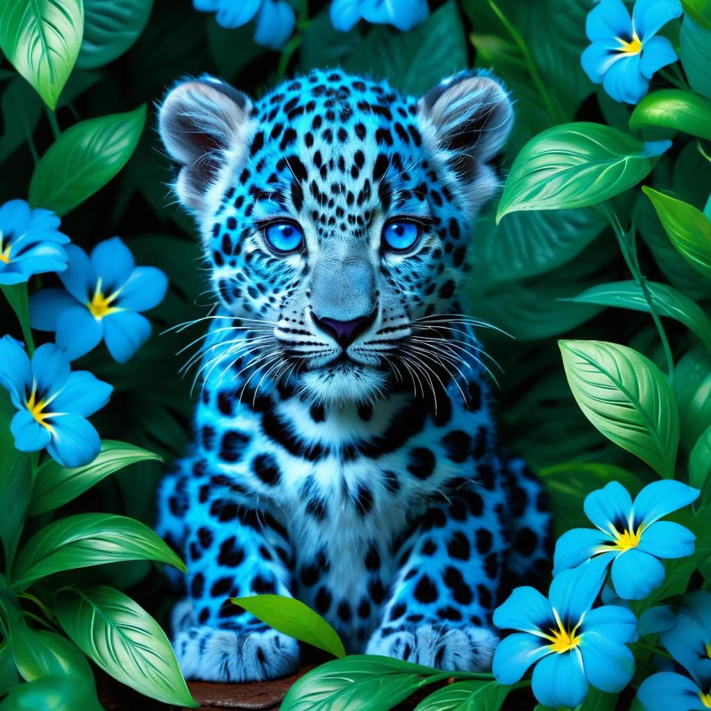 Neon Blue Leopard Cub in Lush Foilage