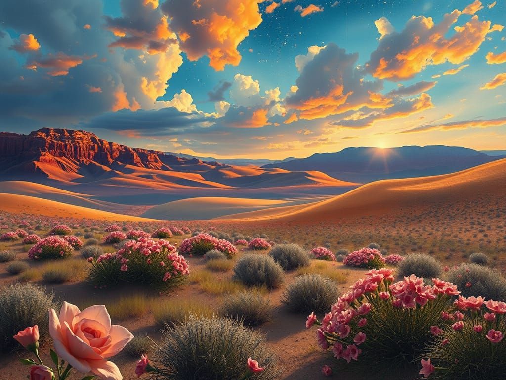 Flowered Desert After Rain: Oil Painting Style