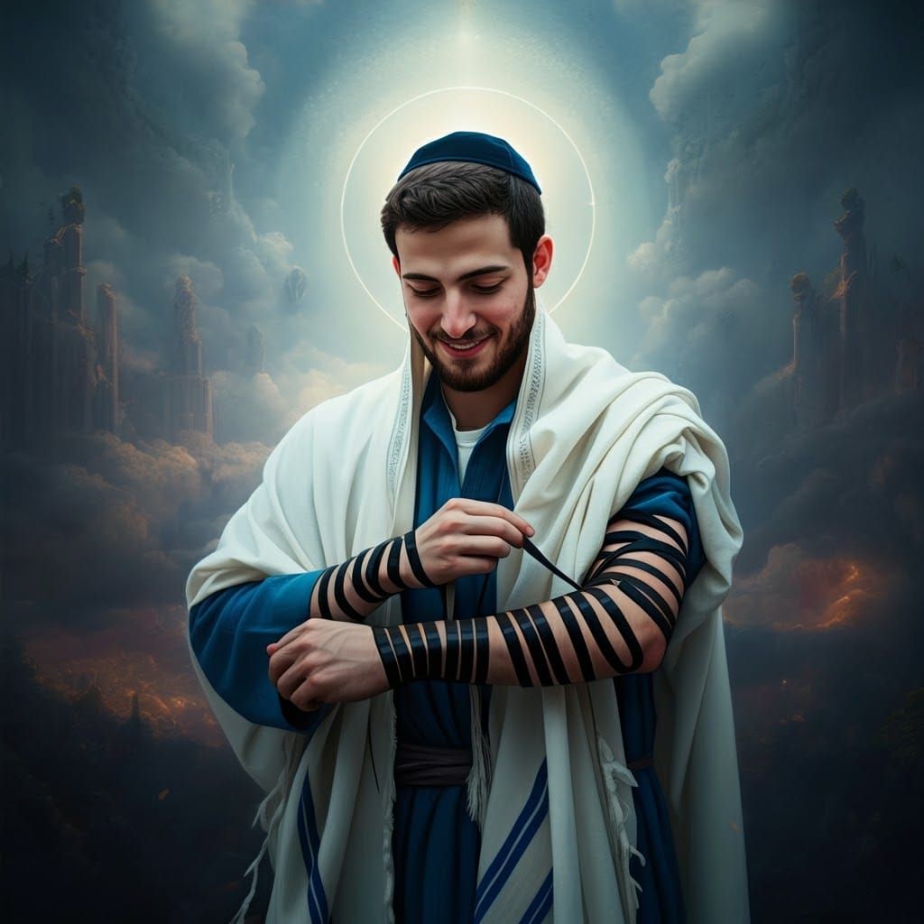 Devout Man Wraps Tefillin in Dreamlike Cityscape