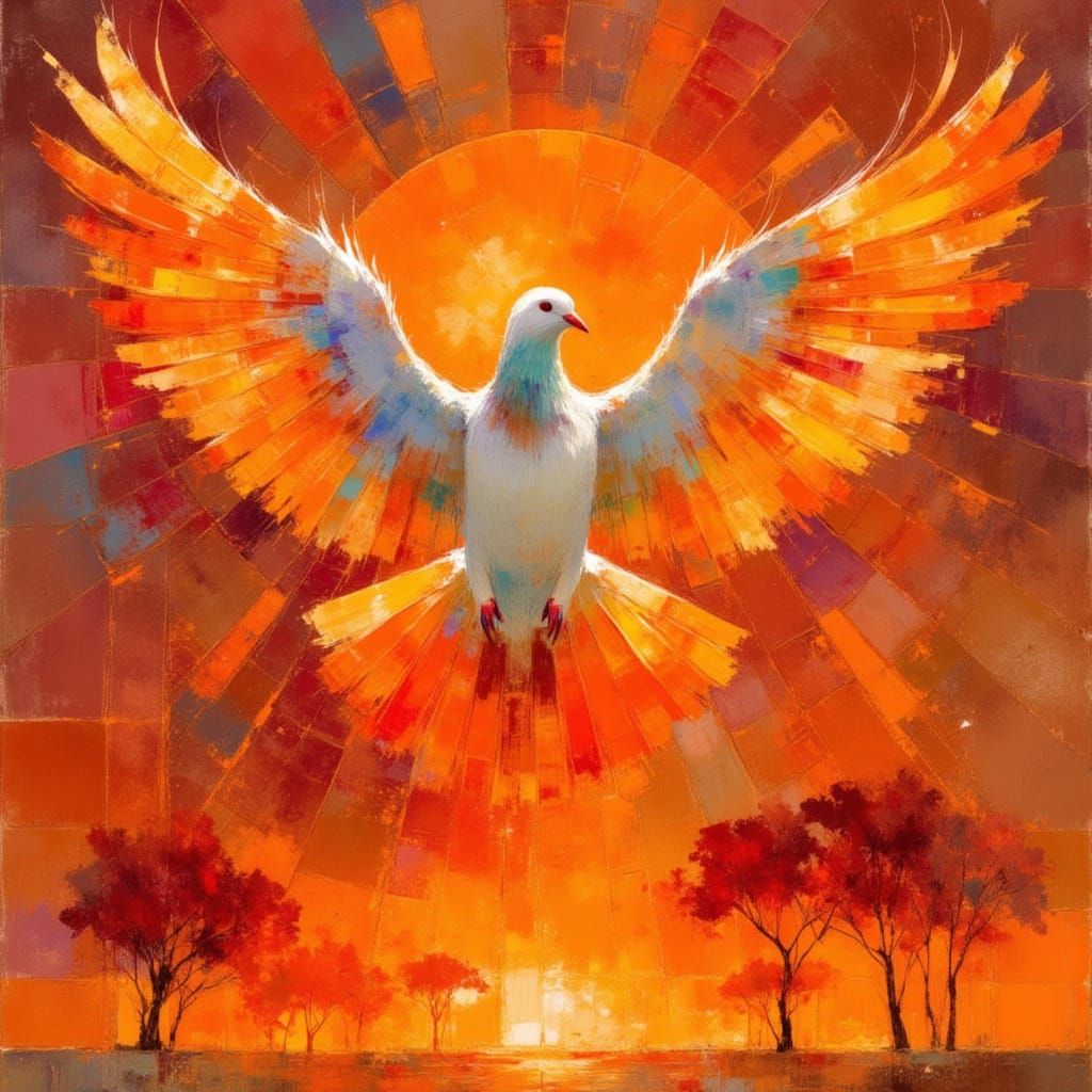 Fiery Dove Descends in Watercolor Sunset