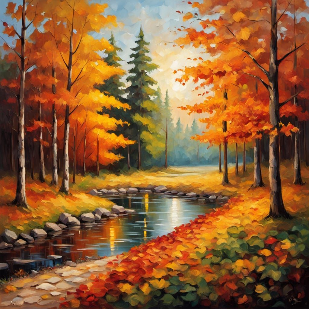 Autumn Park Oil Painting with Golden Hour Light