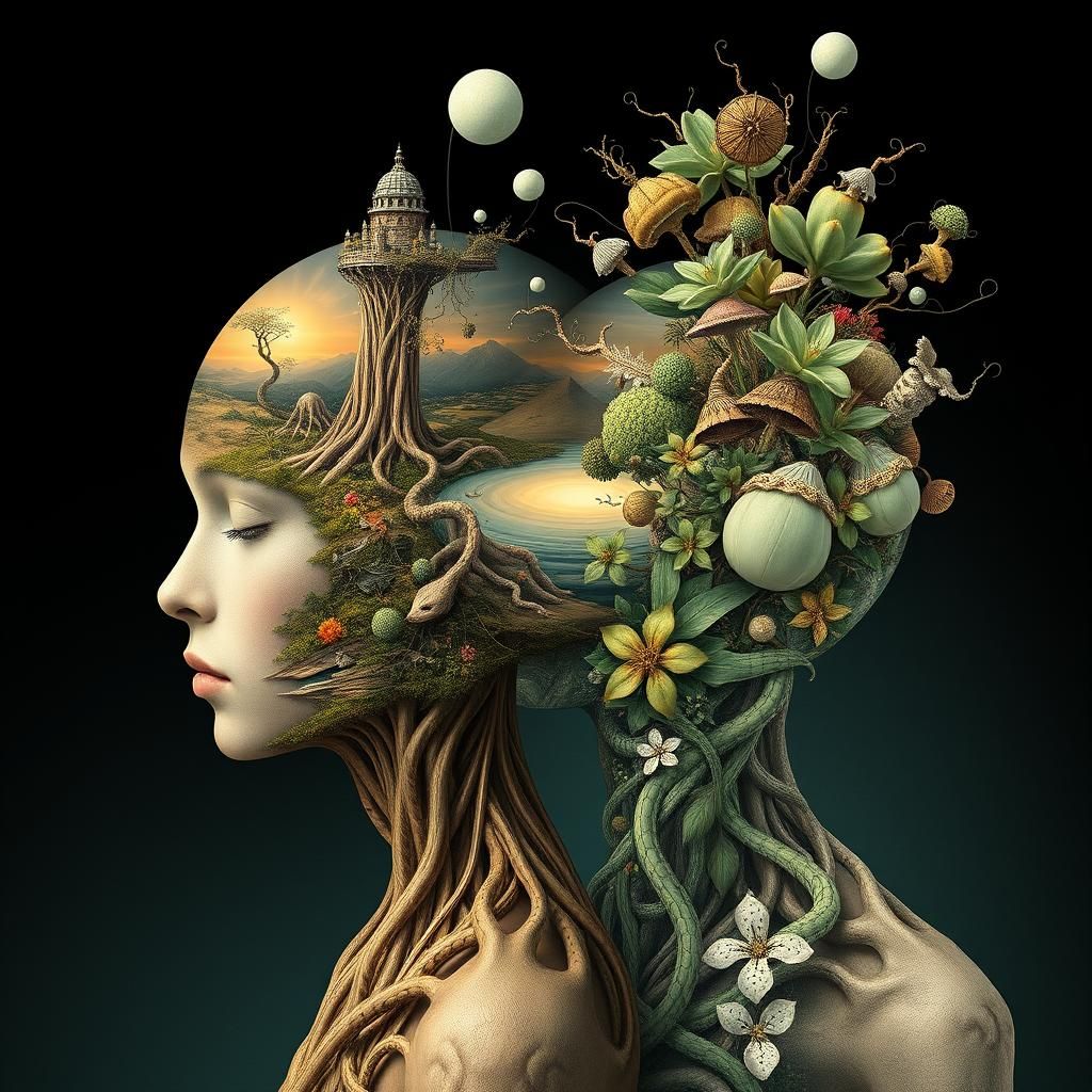 Intertwined Figures Revealing Surreal Mindscapes