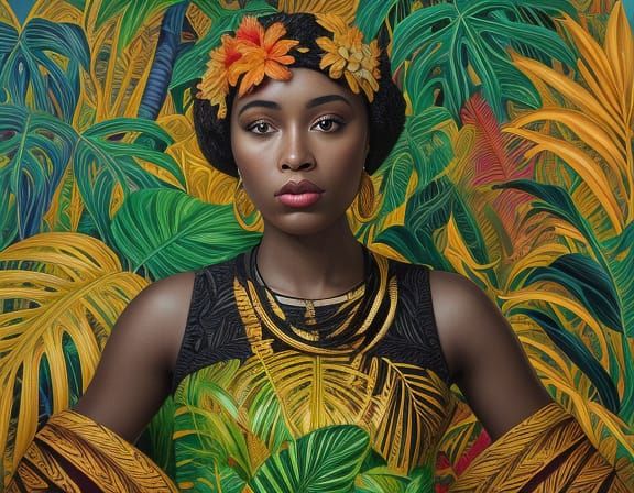 Art Deco Tropical Woman with Cityscape Double Exposure