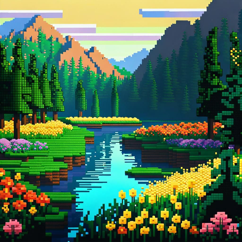 Pixel Art River Landscape in Retro Style