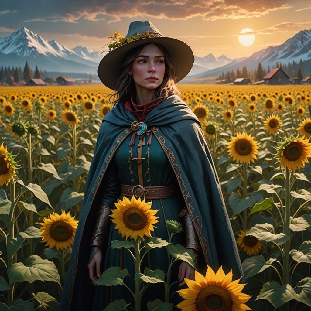 Serene Woman Amidst Sunflowers in Snowy Evening Glow